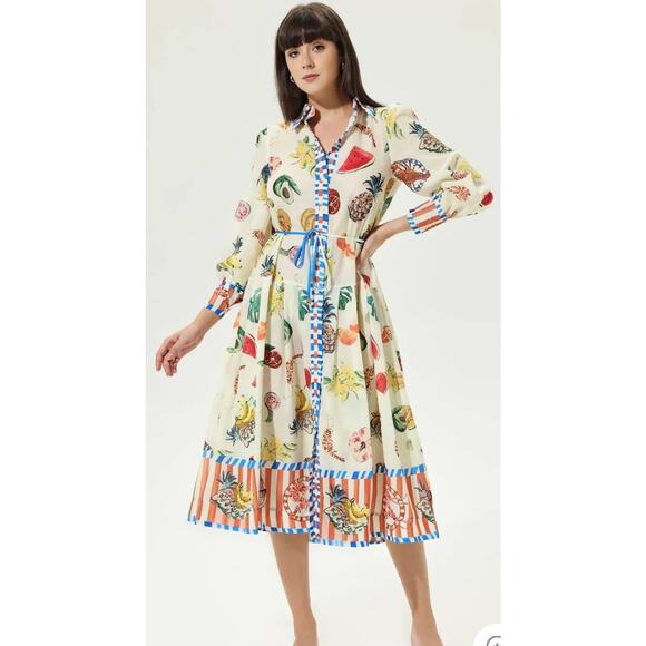 Buelah Womens Multicolor Fruits Print Button-Down Long Sleeve Midi Dress Size L